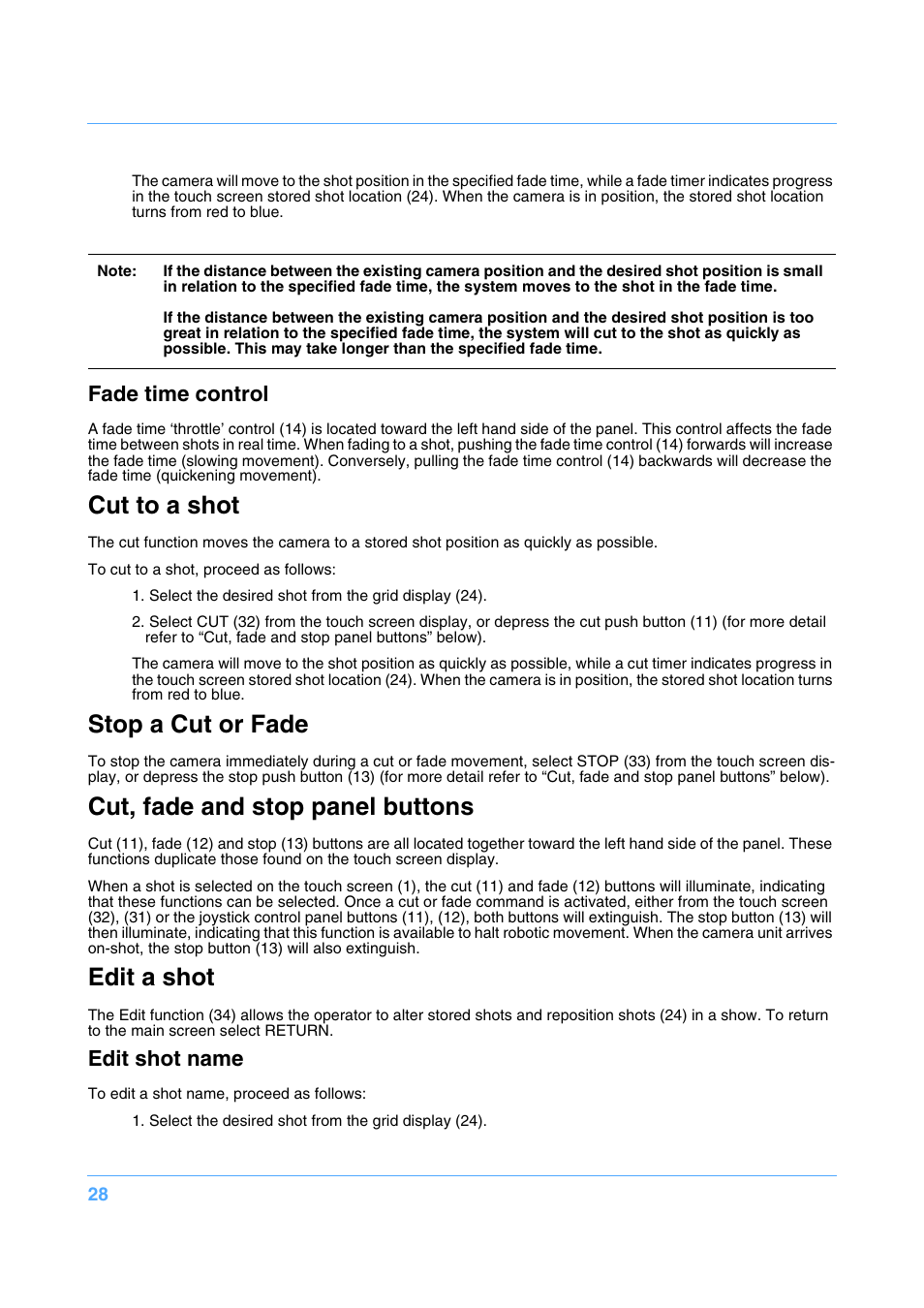 Cut to a shot, Stop a cut or fade, Cut, fade and stop panel buttons | Edit a shot, Fade time control, Edit shot name | Vinten Radamec Fusion FCS-16 User Manual | Page 30 / 40