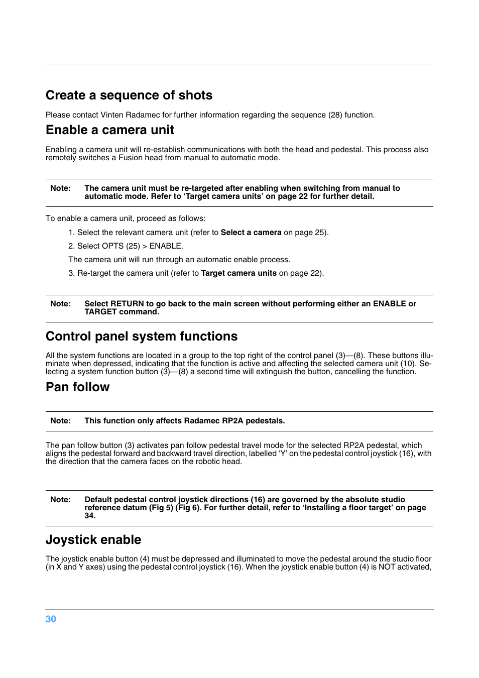 Create a sequence of shots, Enable a camera unit, Control panel system functions | Pan follow, Joystick enable | Vinten Radamec Fusion FCS-16 User Manual | Page 32 / 40