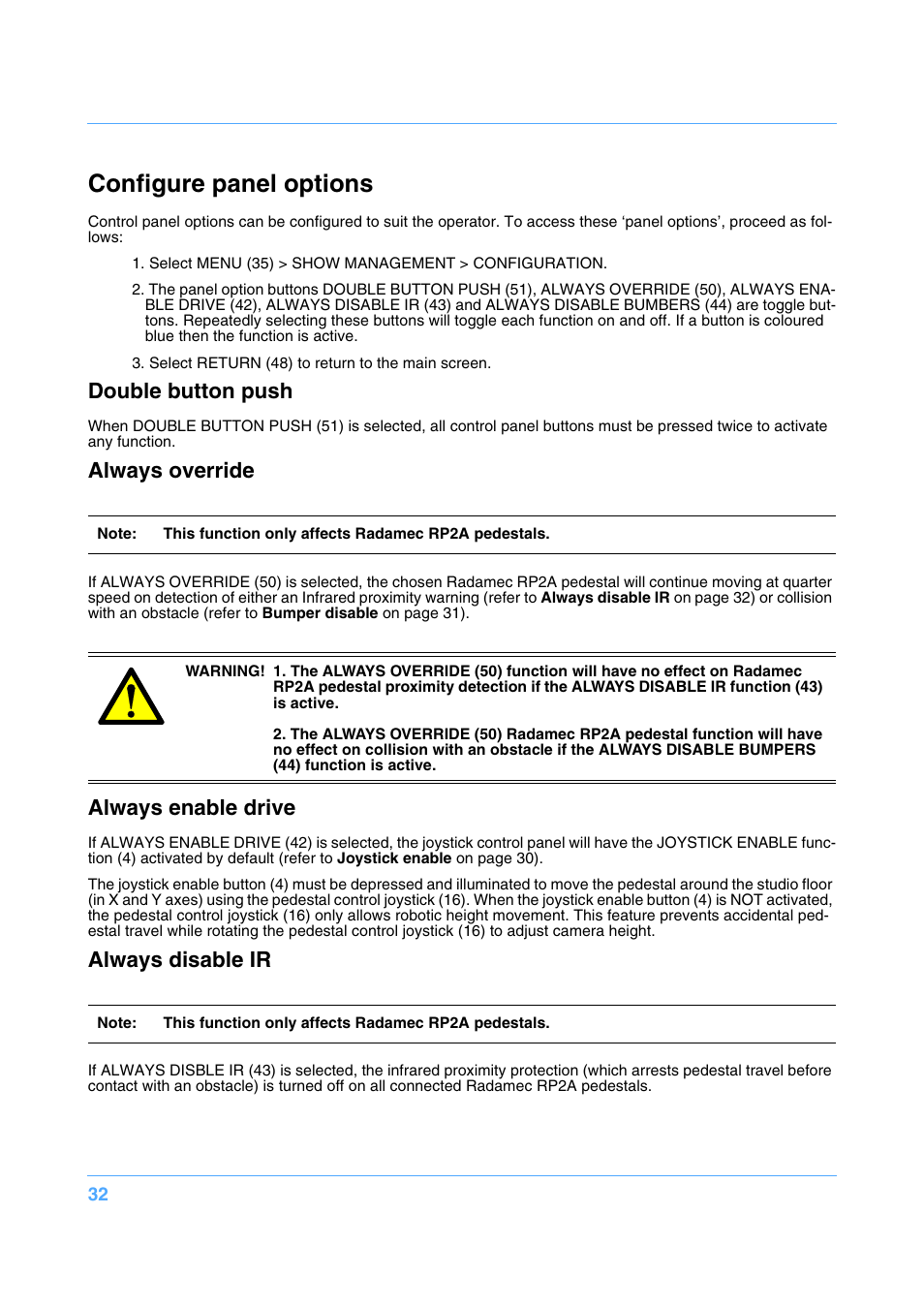 Configure panel options, Double button push, Always override | Always enable drive, Always disable ir | Vinten Radamec Fusion FCS-16 User Manual | Page 34 / 40