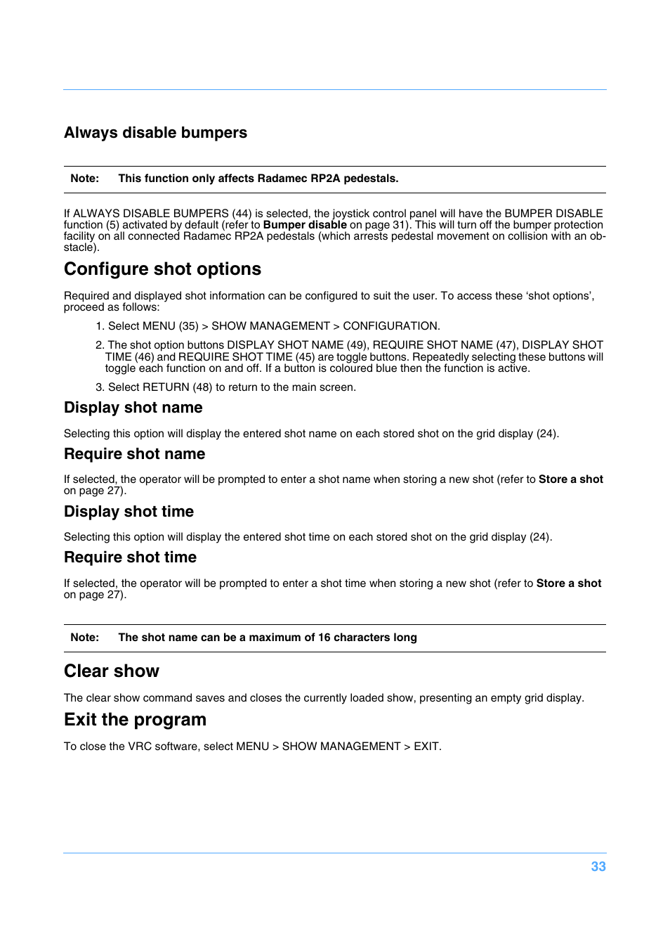 Configure shot options, Clear show, Exit the program | Always disable bumpers, Display shot name, Require shot name, Display shot time, Require shot time | Vinten Radamec Fusion FCS-16 User Manual | Page 35 / 40