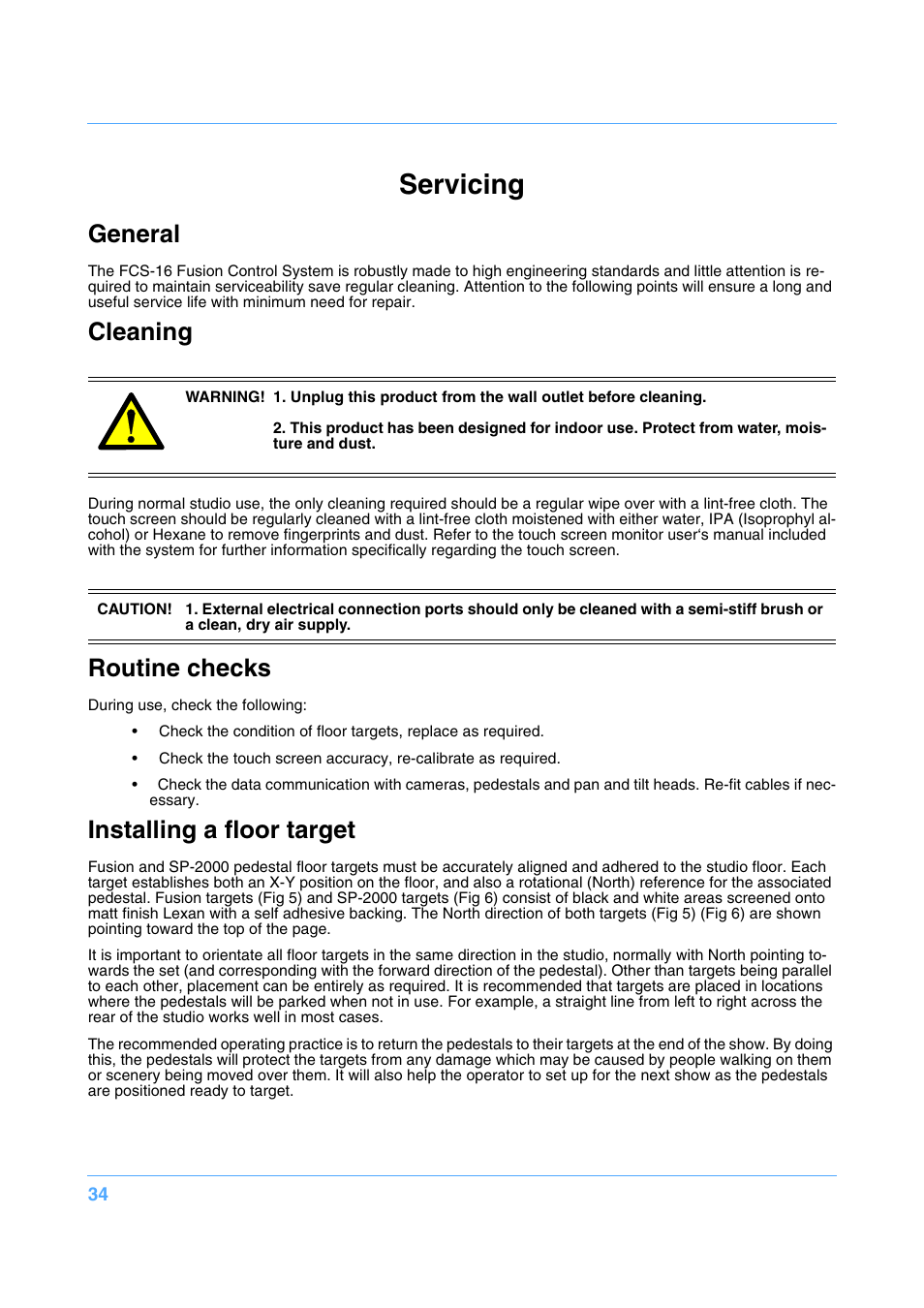 Servicing, General, Cleaning | Routine checks, Installing a floor target | Vinten Radamec Fusion FCS-16 User Manual | Page 36 / 40