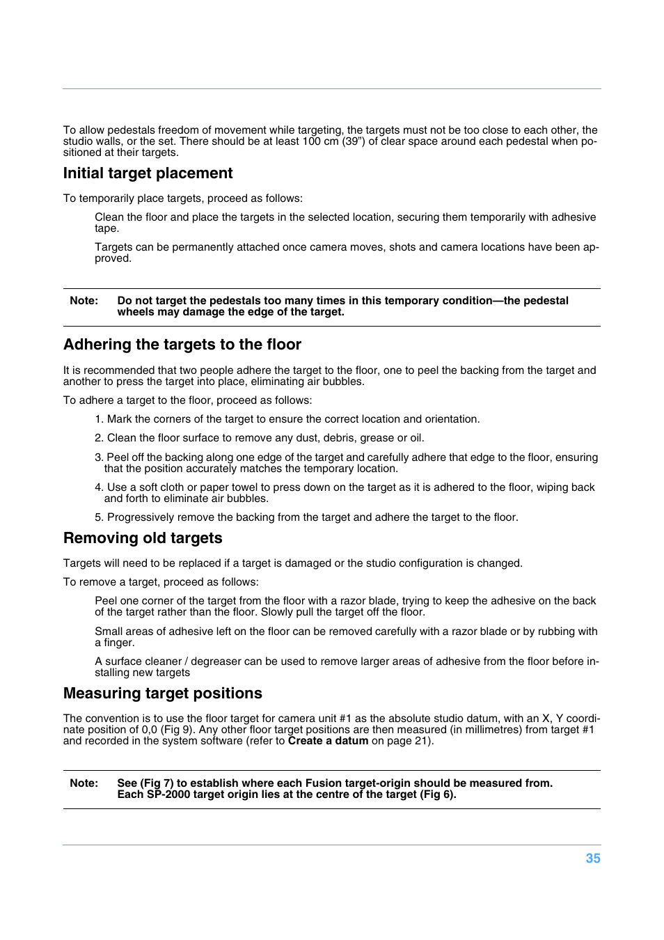Initial target placement, Adhering the targets to the floor, Removing old targets | Measuring target positions | Vinten Radamec Fusion FCS-16 User Manual | Page 37 / 40