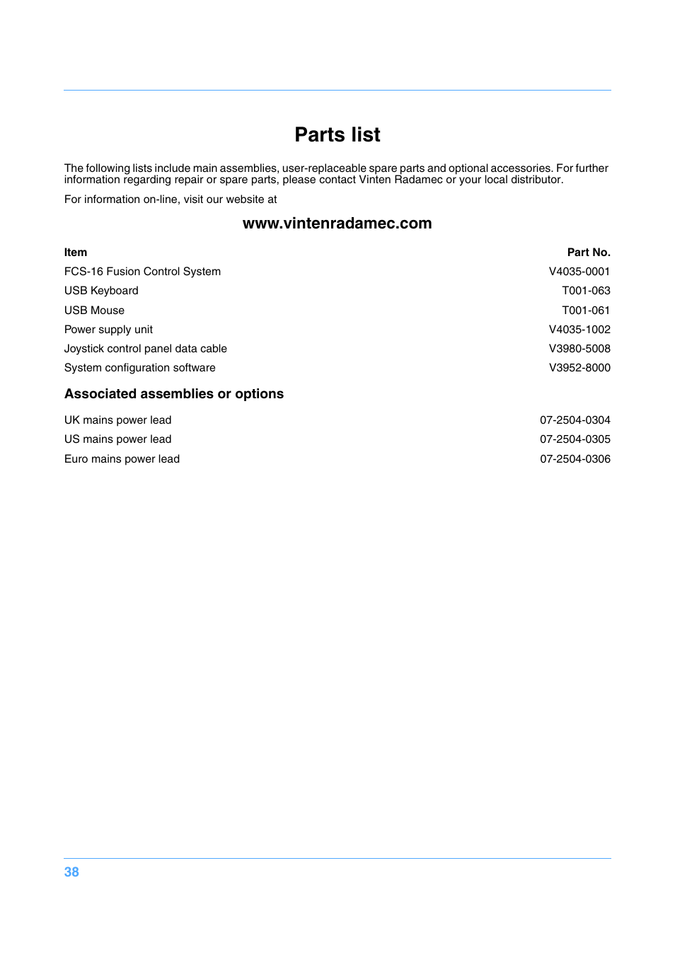 Parts list | Vinten Radamec Fusion FCS-16 User Manual | Page 40 / 40