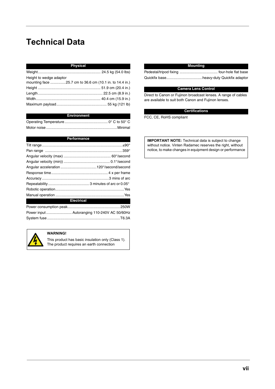 Technical data | Vinten Radamec Fusion FH-100 User Manual | Page 10 / 38