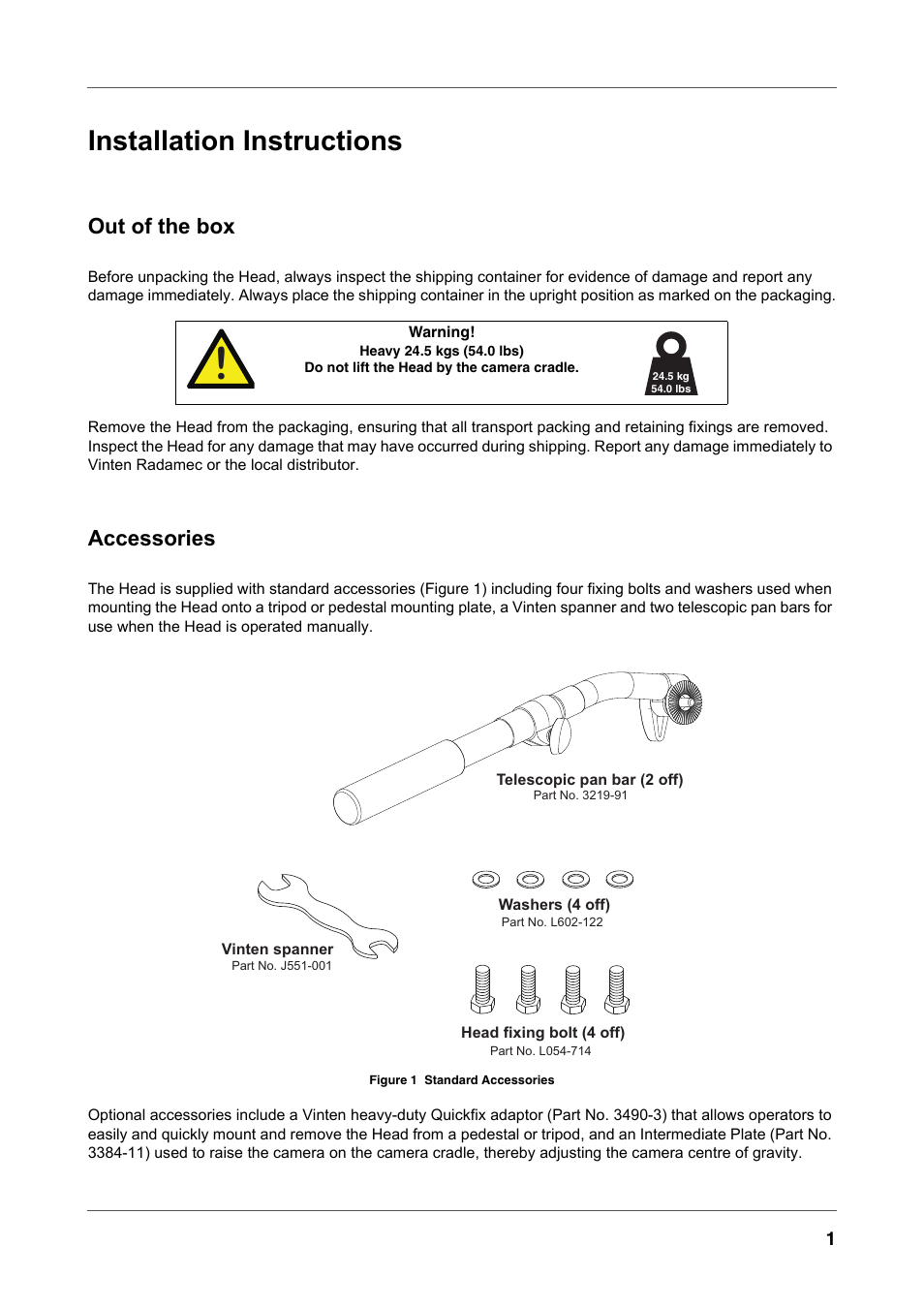 Installation instructions, Out of the box, Accessories | Figure 1, Standard accessories | Vinten Radamec Fusion FH-100 User Manual | Page 14 / 38