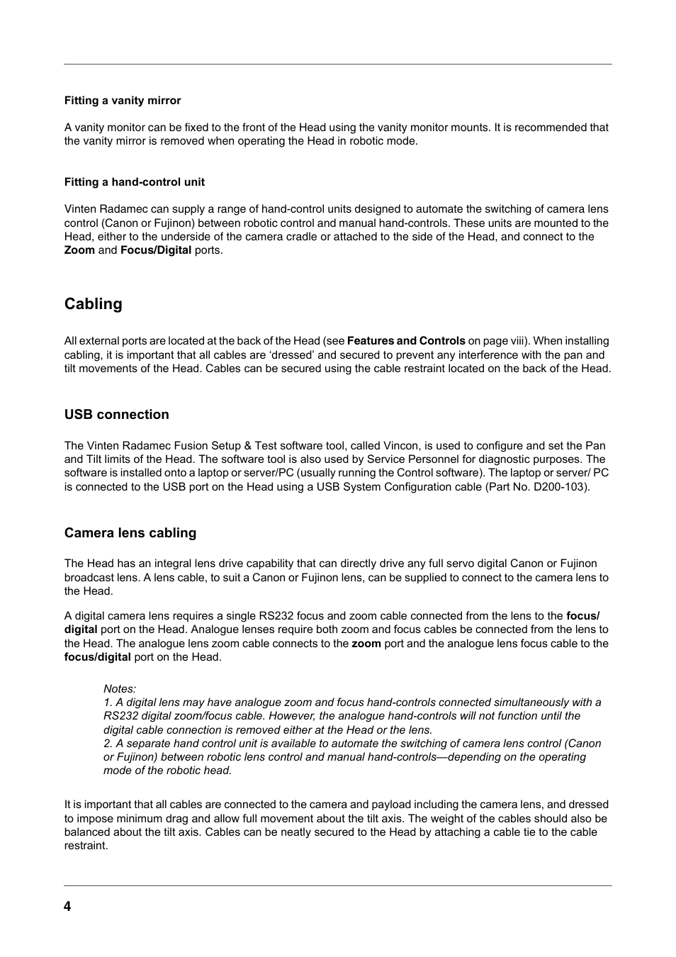 Cabling | Vinten Radamec Fusion FH-100 User Manual | Page 17 / 38