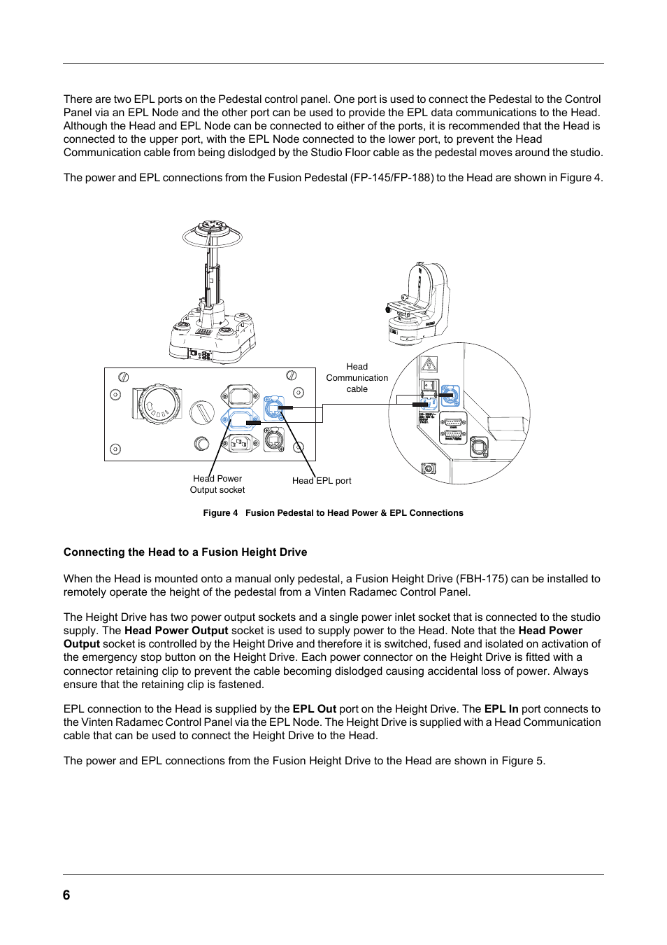 Figure 4, Fusion pedestal to head power & epl connections | Vinten Radamec Fusion FH-100 User Manual | Page 19 / 38