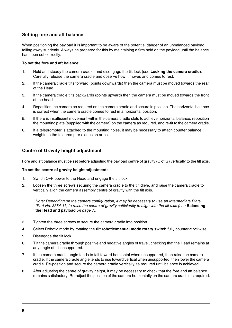 8setting fore and aft balance, Centre of gravity height adjustment | Vinten Radamec Fusion FH-100 User Manual | Page 21 / 38