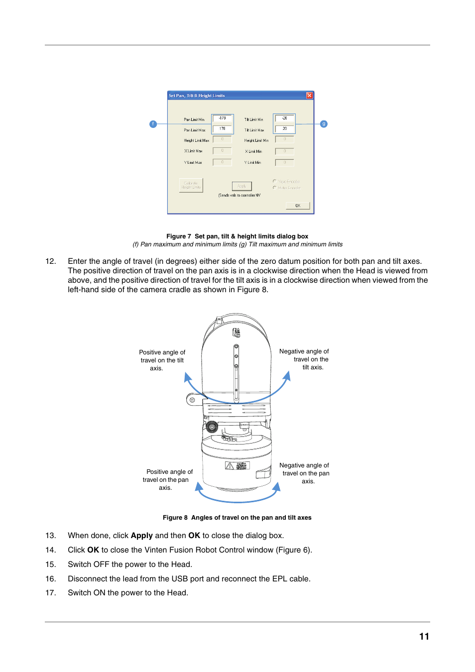 Figure 7, Set pan, tilt & height limits dialog box, Figure 8 | Angles of travel on the pan and tilt axes | Vinten Radamec Fusion FH-100 User Manual | Page 24 / 38