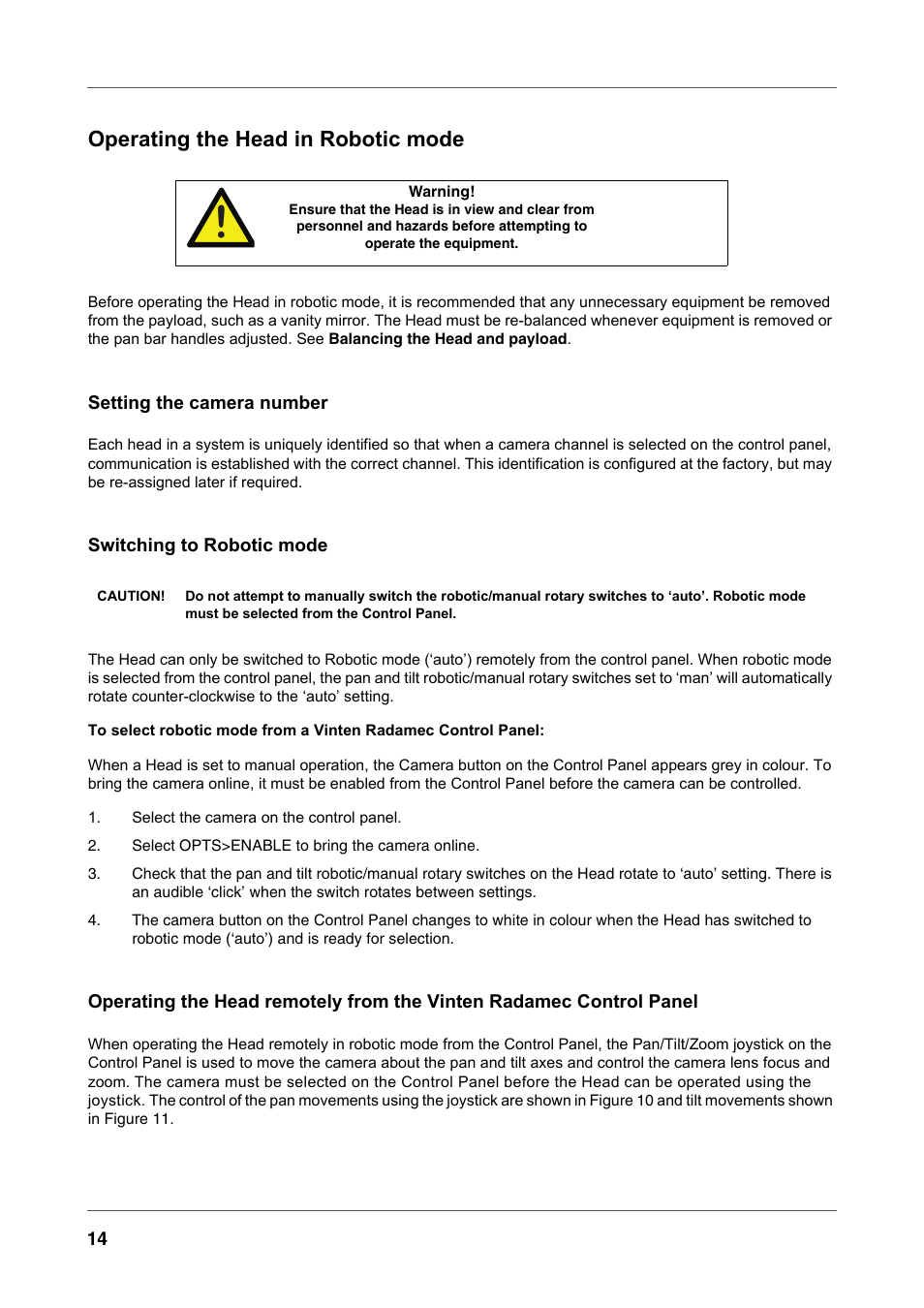 Operating the head in robotic mode, Setting the camera number, Switching to robotic mode | Vinten Radamec Fusion FH-100 User Manual | Page 27 / 38