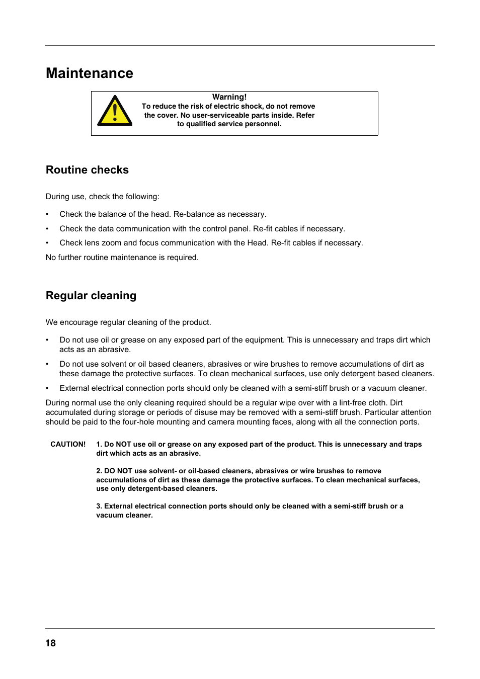 Maintenance, Routine checks, Regular cleaning | Vinten Radamec Fusion FH-100 User Manual | Page 31 / 38