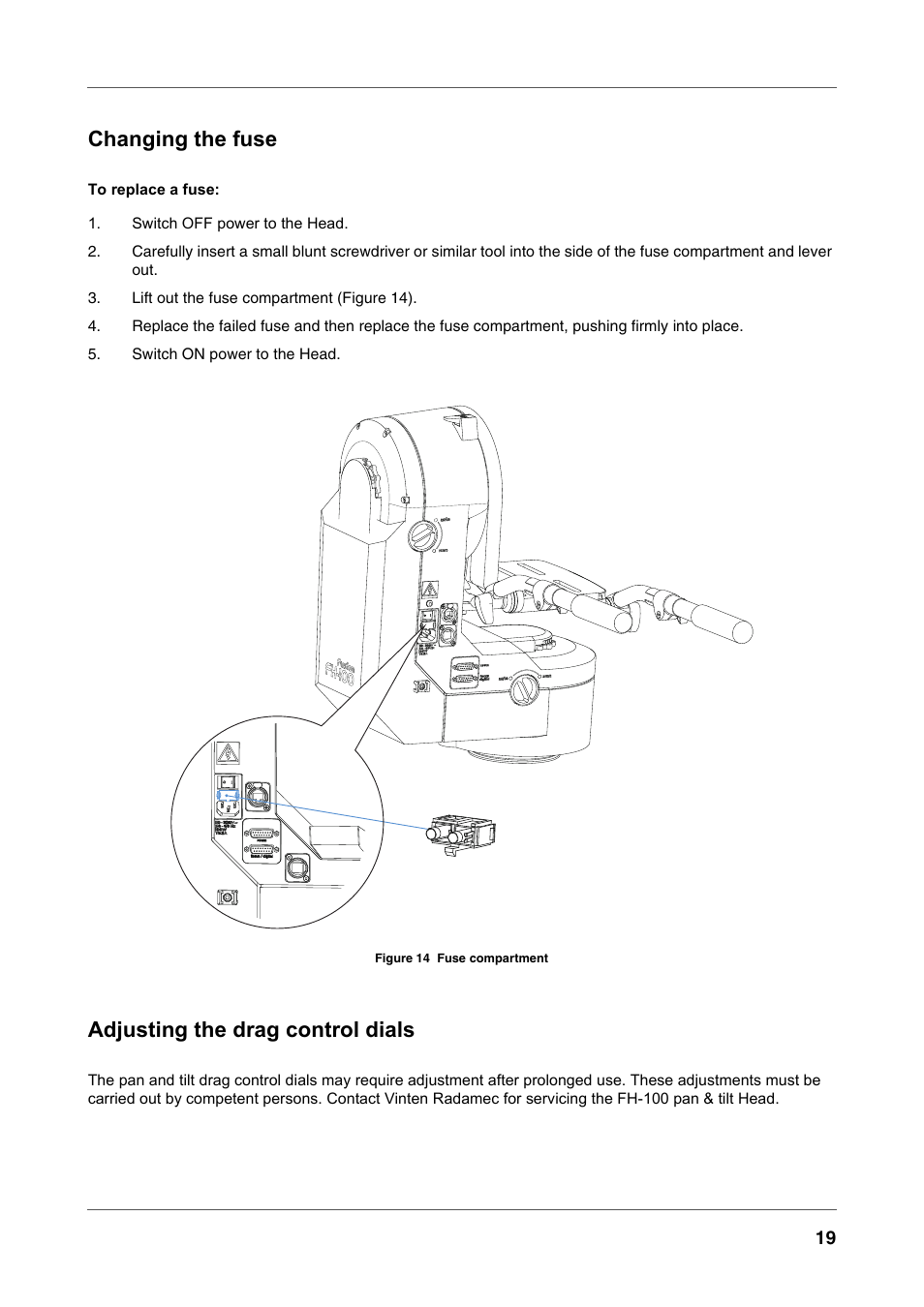 Changing the fuse, Adjusting the drag control dials, Figure 14 | Fuse compartment | Vinten Radamec Fusion FH-100 User Manual | Page 32 / 38