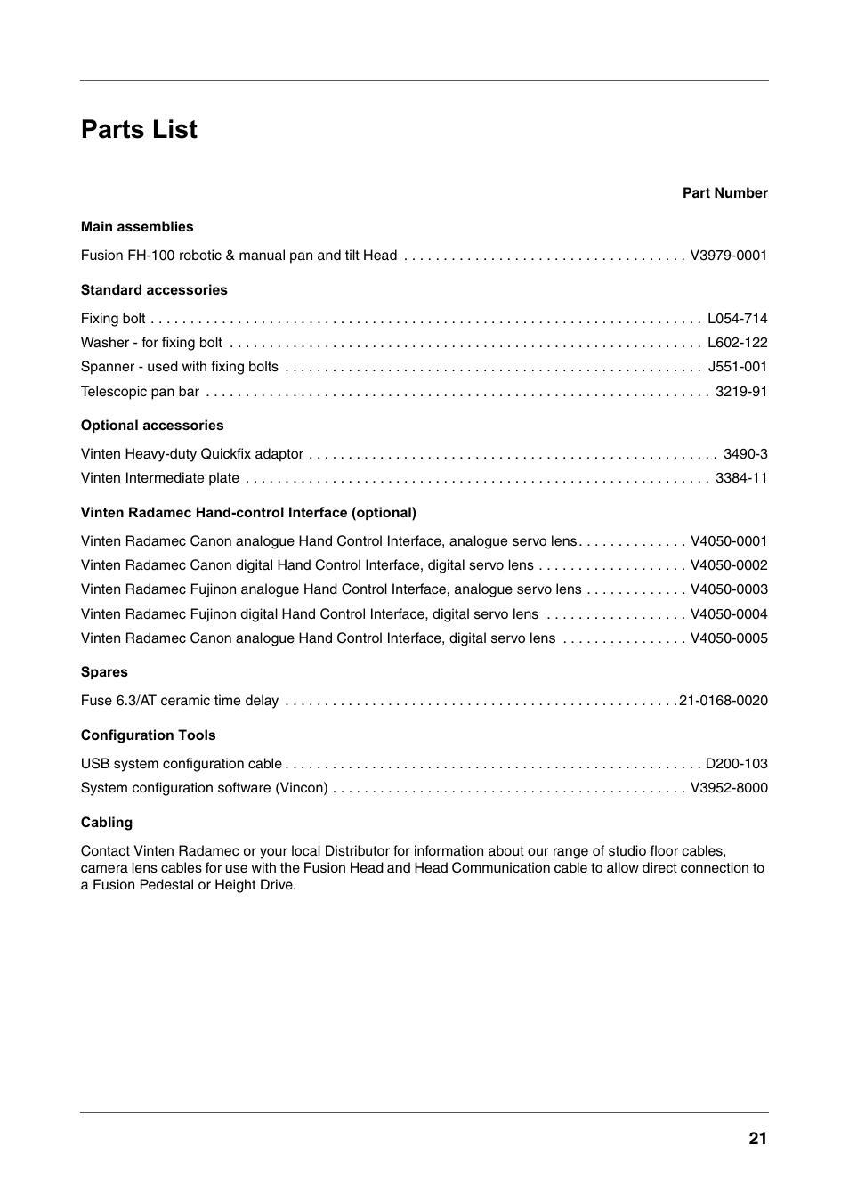 Parts list | Vinten Radamec Fusion FH-100 User Manual | Page 34 / 38