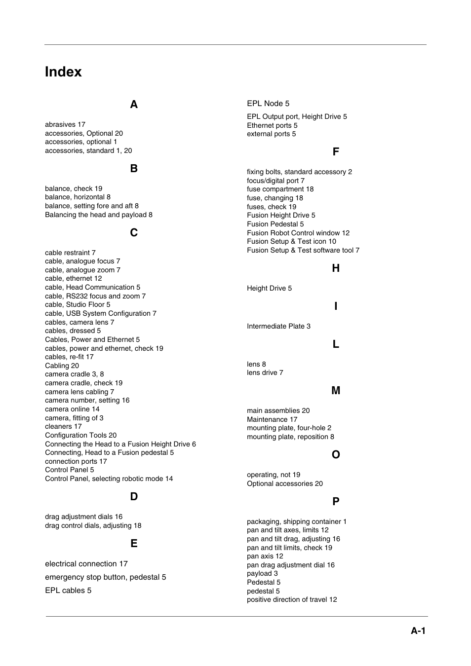 Index | Vinten Radamec Fusion FH-100 User Manual | Page 36 / 38
