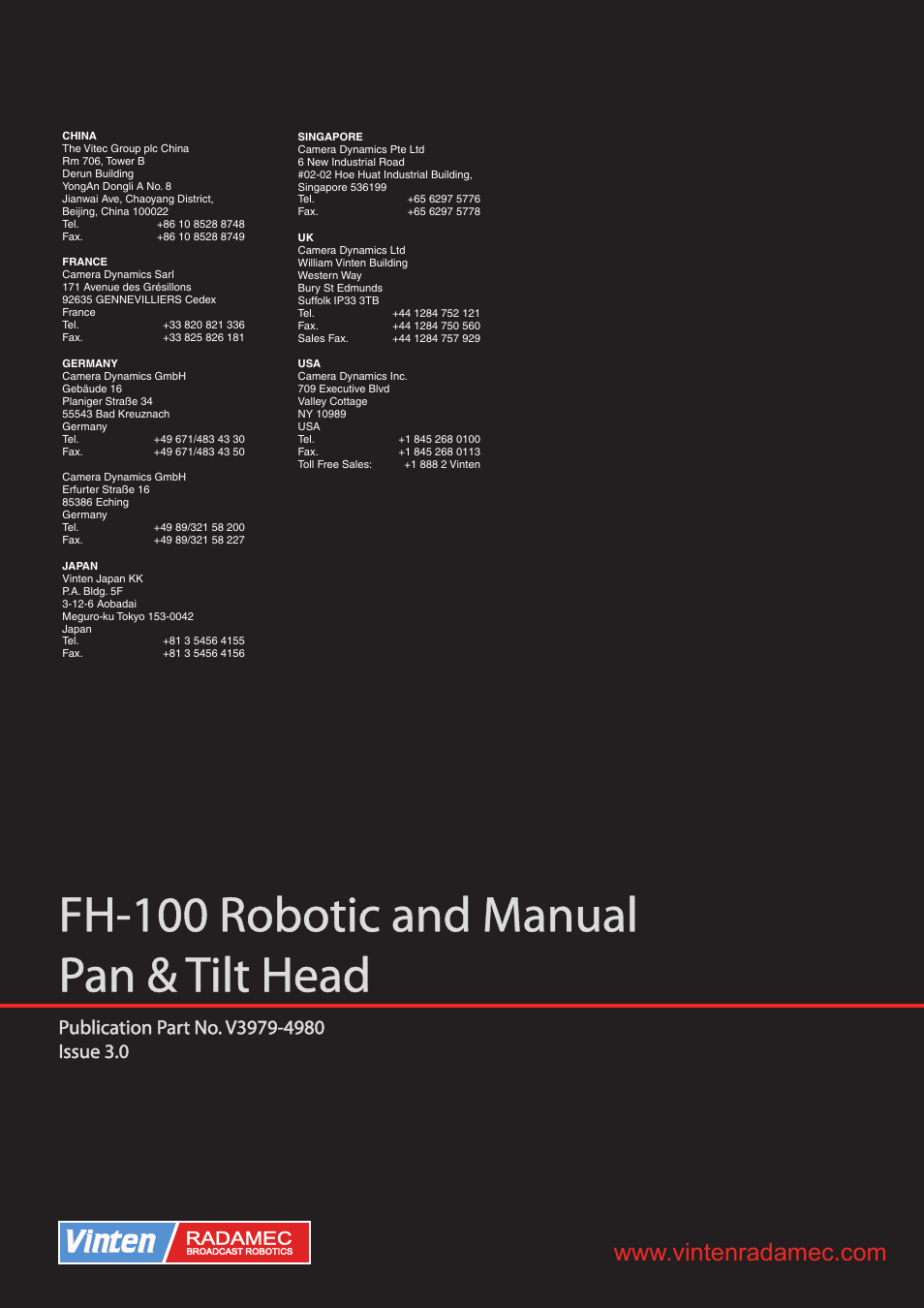 Fh-100 robotic and manual pan & tilt head, Vinten, Radamec | Vinten Radamec Fusion FH-100 User Manual | Page 38 / 38
