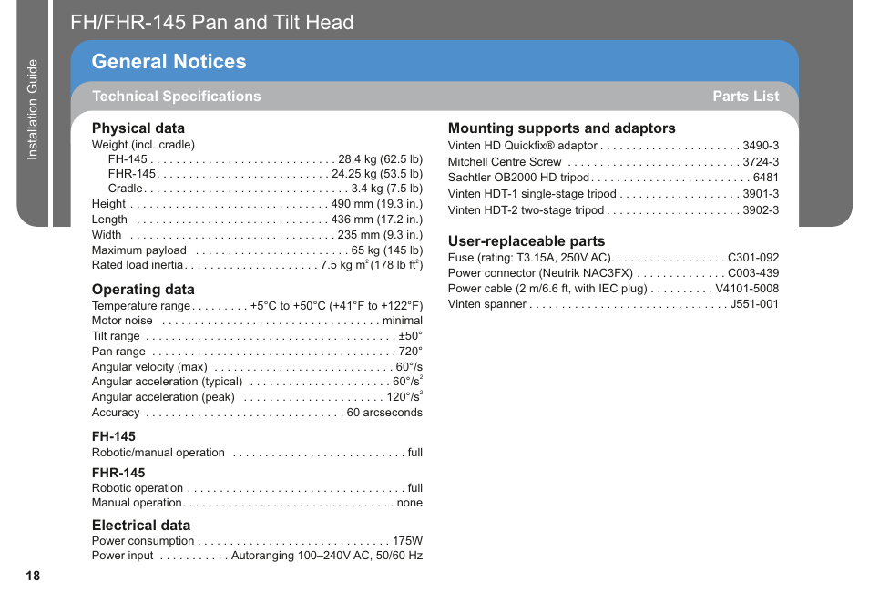 Fh/fhr-145 pan and tilt head general notices | Vinten Radamec Fusion FH-145 User Manual | Page 20 / 24