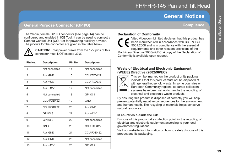 Fh/fhr-145 pan and tilt head general notices, Compliance, General purpose connector (gp i/o) | Vinten Radamec Fusion FH-145 User Manual | Page 21 / 24