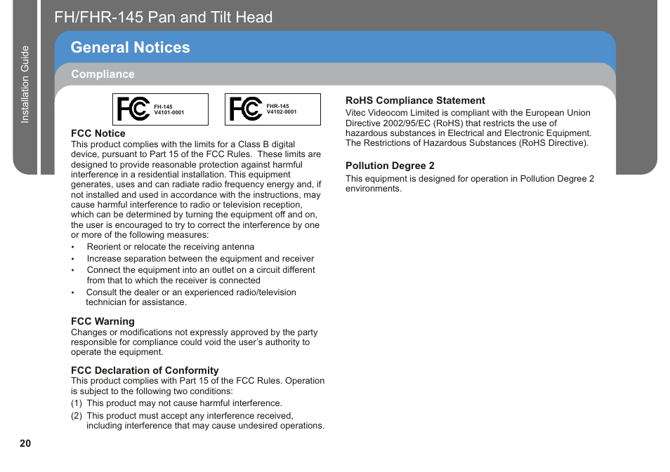 Fh/fhr-145 pan and tilt head general notices, Compliance | Vinten Radamec Fusion FH-145 User Manual | Page 22 / 24