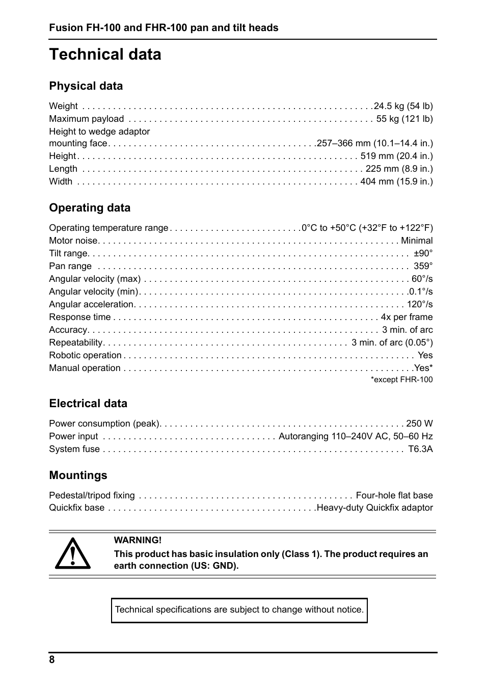 Technical data | Vinten Radamec Fusion FHR-100 User Manual | Page 10 / 44