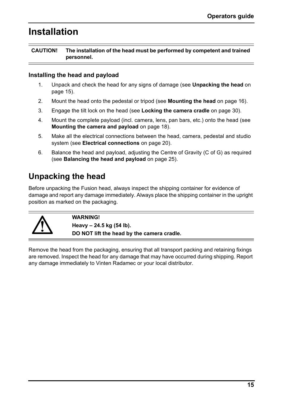 Installation, Unpacking the head | Vinten Radamec Fusion FHR-100 User Manual | Page 17 / 44