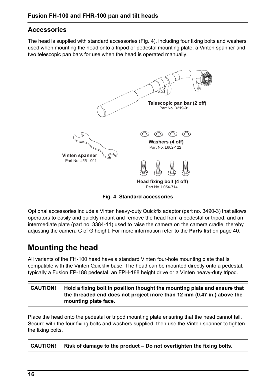 Mounting the head, Accessories | Vinten Radamec Fusion FHR-100 User Manual | Page 18 / 44