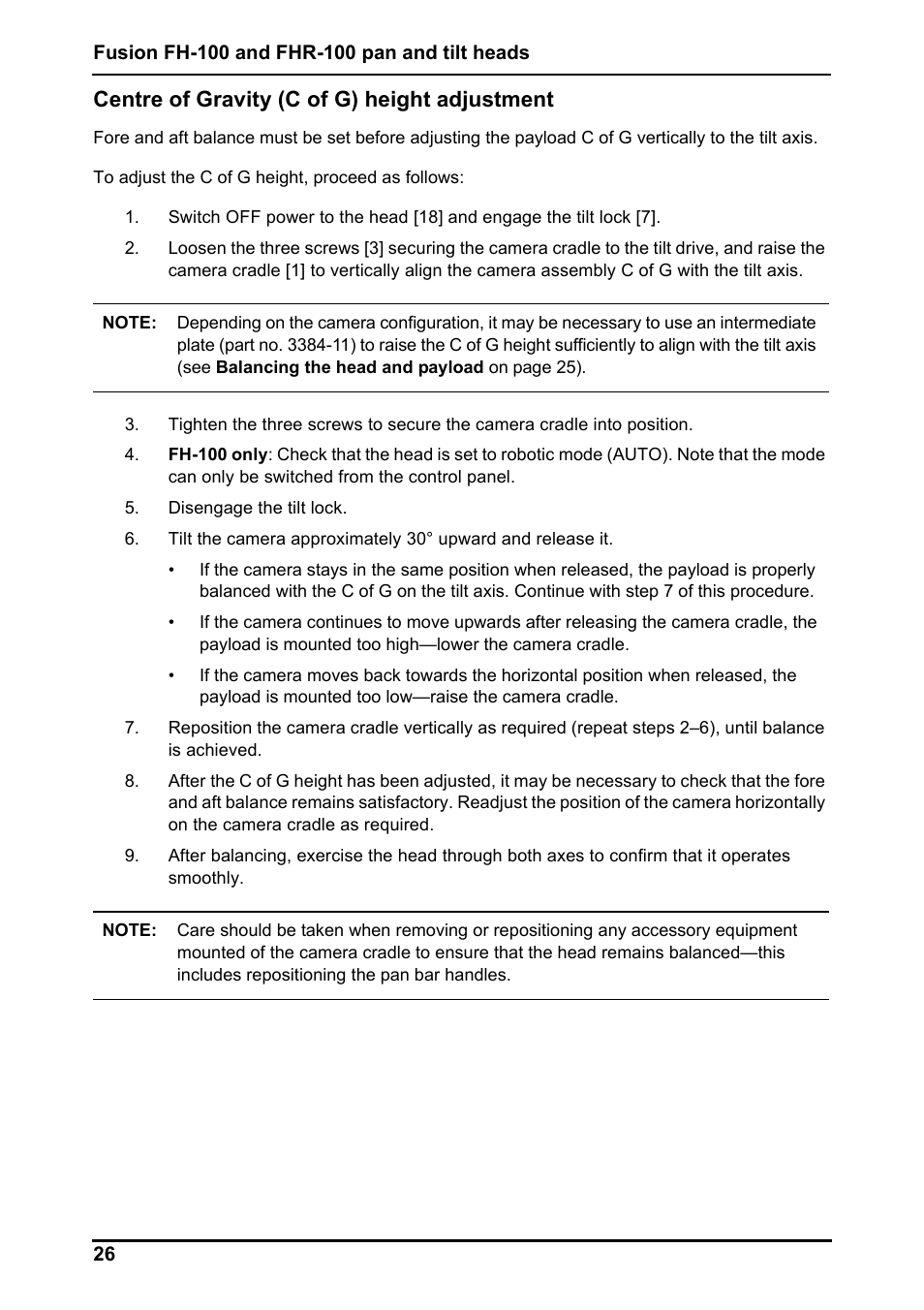 Centre of gravity (c of g) height adjustment | Vinten Radamec Fusion FHR-100 User Manual | Page 28 / 44