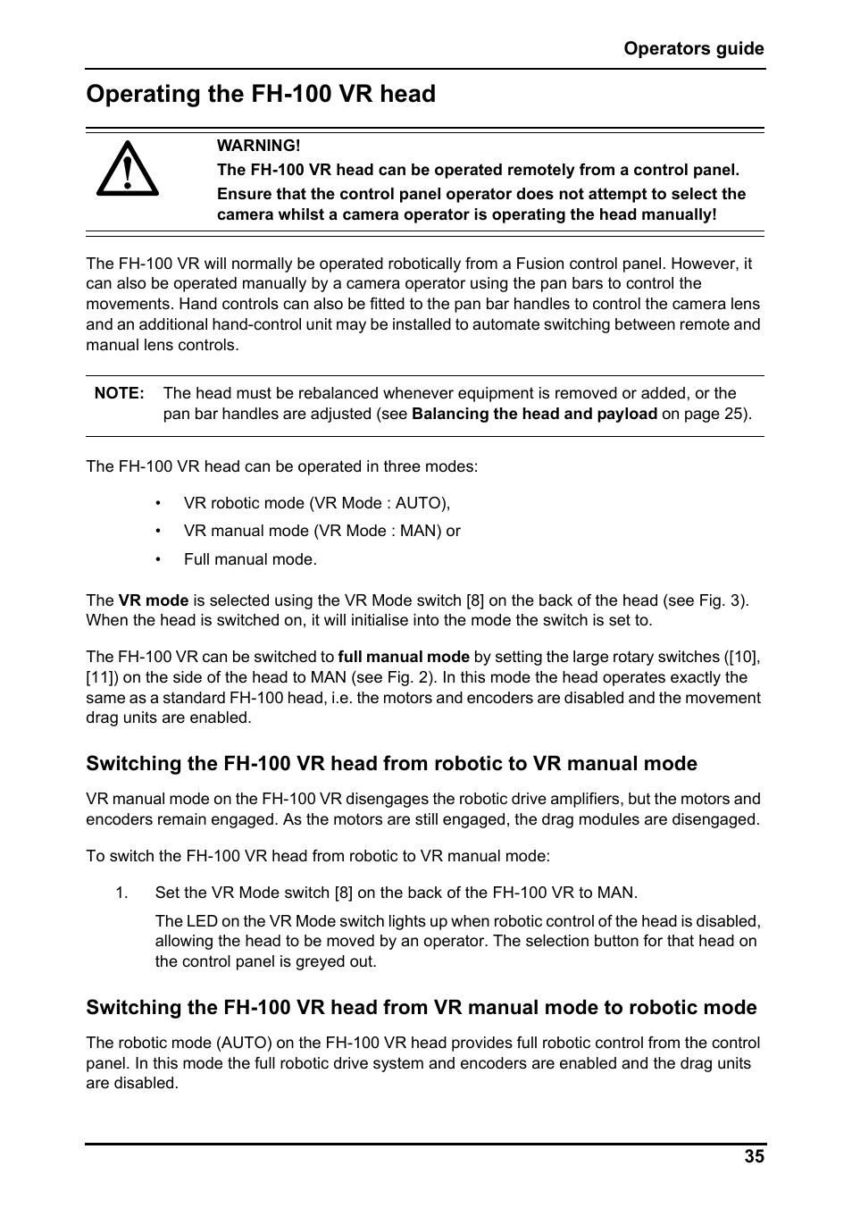 Operating the fh-100 vr head | Vinten Radamec Fusion FHR-100 User Manual | Page 37 / 44