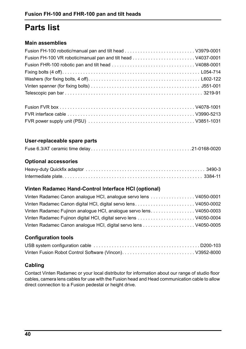 Parts list | Vinten Radamec Fusion FHR-100 User Manual | Page 42 / 44