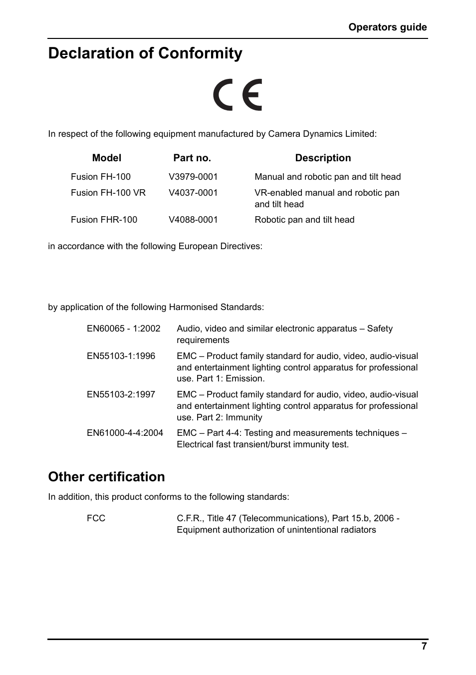 Declaration of conformity, Other certification | Vinten Radamec Fusion FHR-100 User Manual | Page 9 / 44