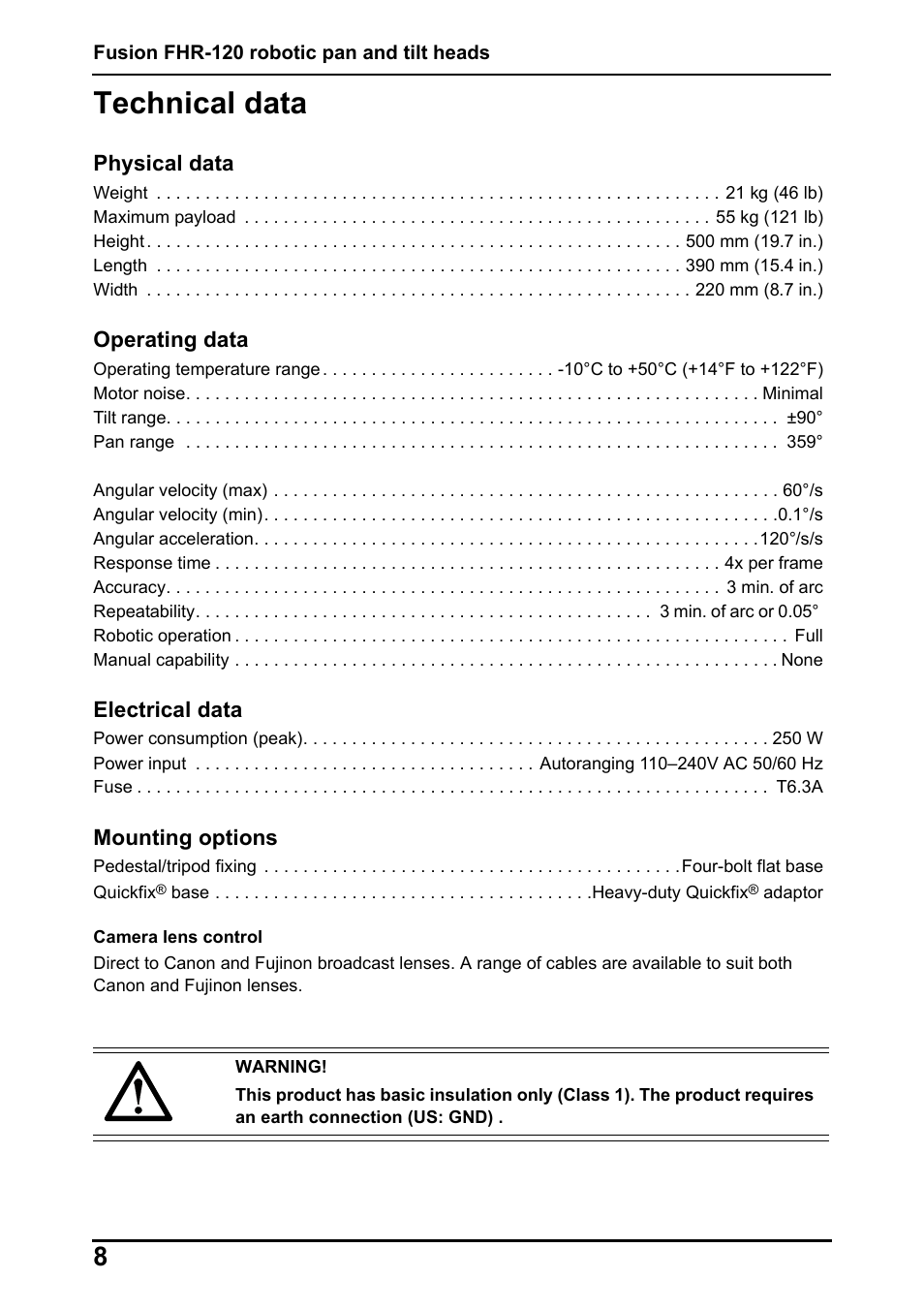 Technical data | Vinten Radamec Fusion FHR-120 User Manual | Page 10 / 40