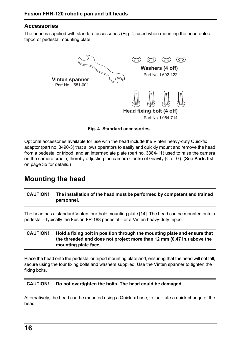 Mounting the head | Vinten Radamec Fusion FHR-120 User Manual | Page 18 / 40