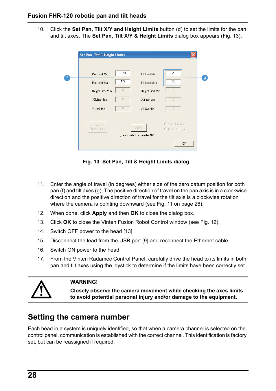 Setting the camera number | Vinten Radamec Fusion FHR-120 User Manual | Page 30 / 40
