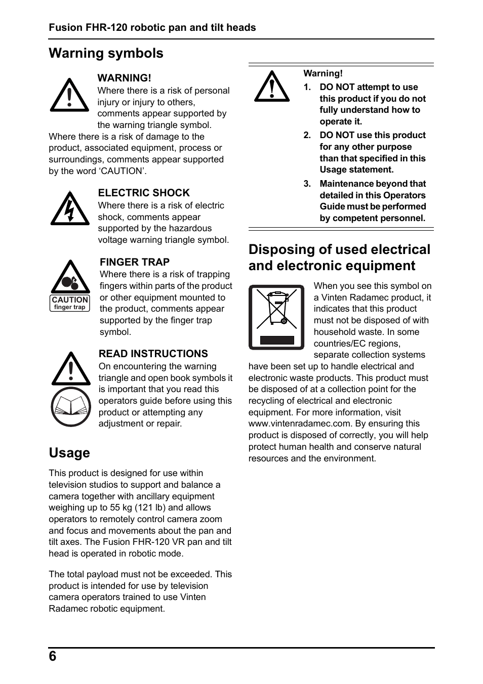 6warning symbols, Usage | Vinten Radamec Fusion FHR-120 User Manual | Page 8 / 40