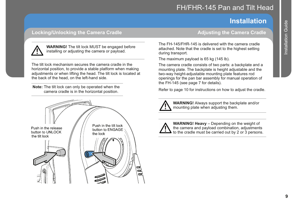 Fh/fhr-145 pan and tilt head installation | Vinten Radamec Fusion FHR-145 User Manual | Page 11 / 24