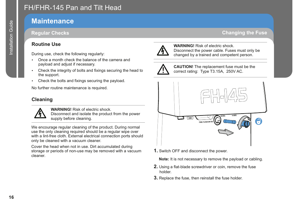 Maintenance, Fh/fhr-145 pan and tilt head | Vinten Radamec Fusion FHR-145 User Manual | Page 18 / 24