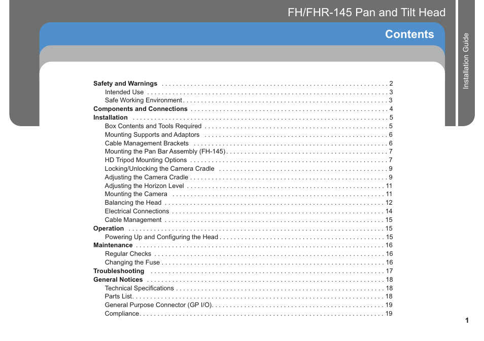 Fh/fhr-145 pan and tilt head contents | Vinten Radamec Fusion FHR-145 User Manual | Page 3 / 24