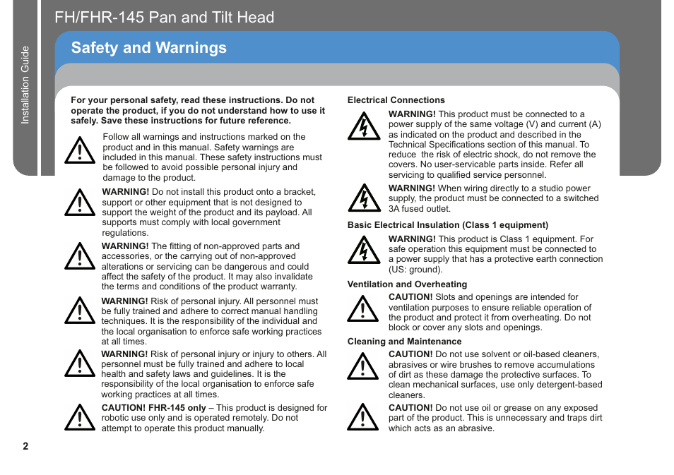 Safety and warnings, Fh/fhr-145 pan and tilt head | Vinten Radamec Fusion FHR-145 User Manual | Page 4 / 24