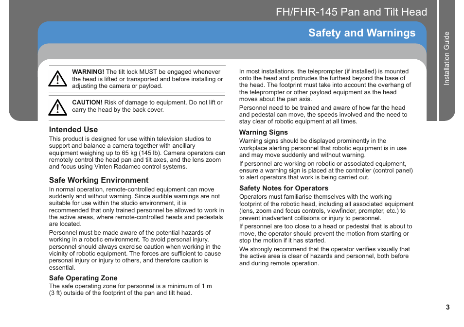Fh/fhr-145 pan and tilt head safety and warnings | Vinten Radamec Fusion FHR-145 User Manual | Page 5 / 24