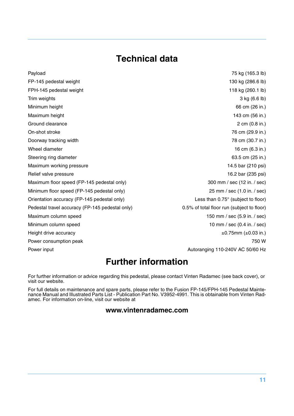 Technical data, Further information | Vinten Radamec Fusion FP-145 User Manual | Page 12 / 30