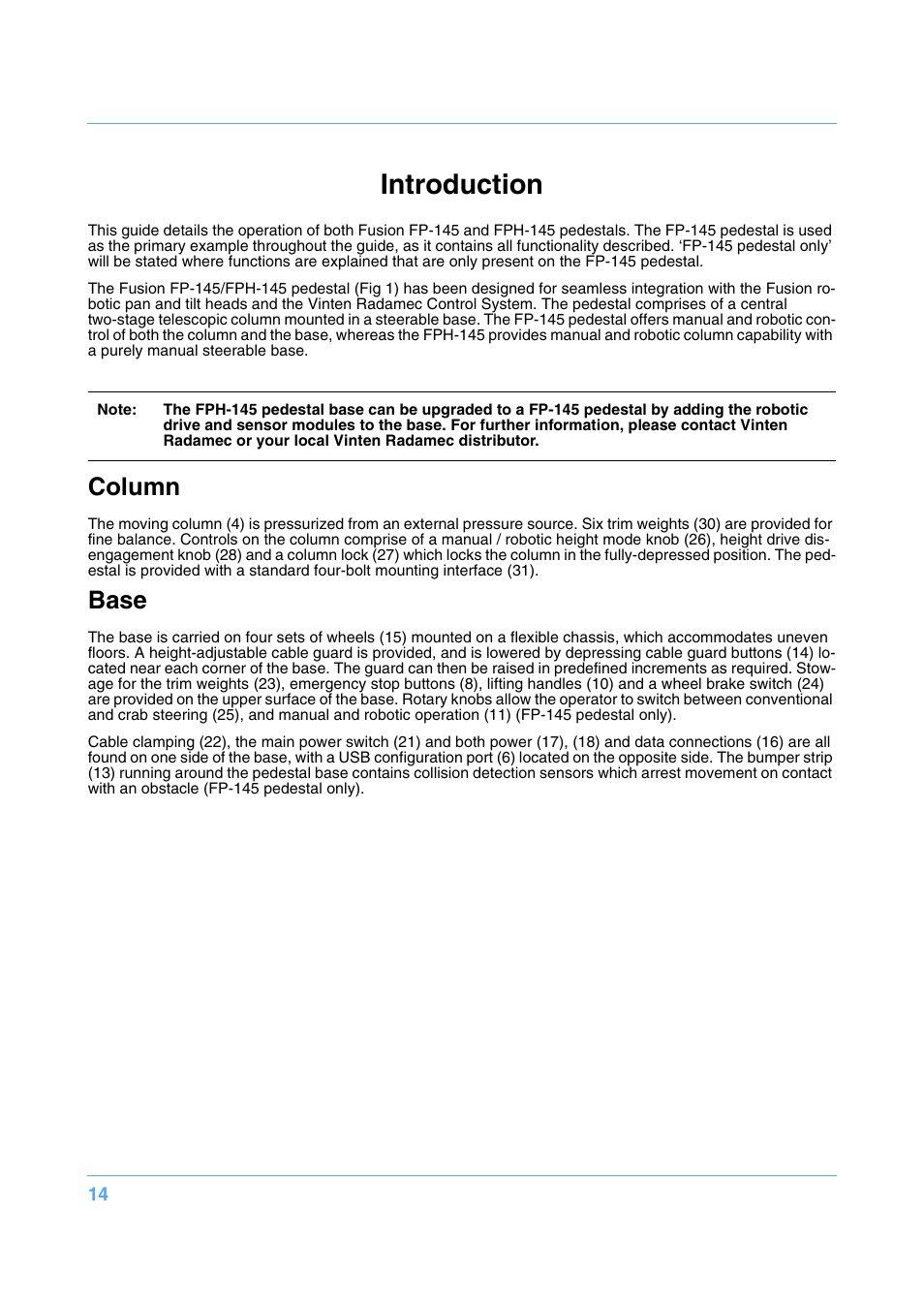 Introduction, Column, Base | Vinten Radamec Fusion FP-145 User Manual | Page 15 / 30