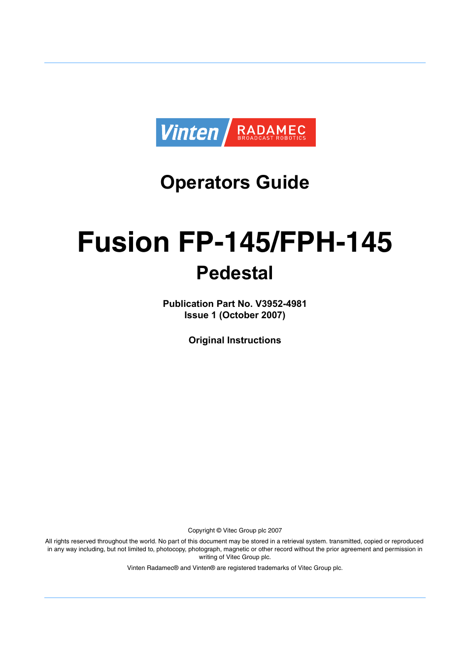 Operators guide, Pedestal | Vinten Radamec Fusion FP-145 User Manual | Page 2 / 30