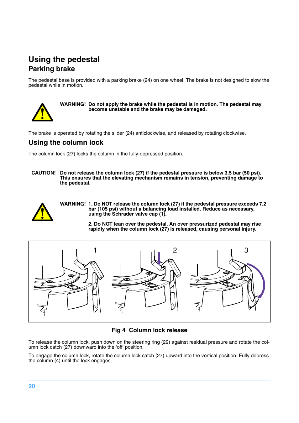 Using the pedestal, Parking brake, Using the column lock | Vinten Radamec Fusion FP-145 User Manual | Page 21 / 30