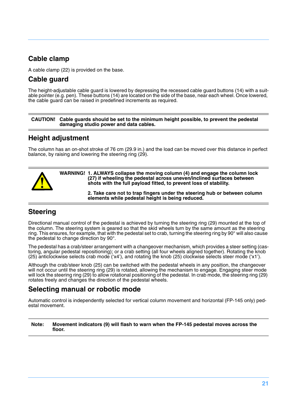 Cable clamp, Cable guard, Height adjustment | Steering, Selecting manual or robotic mode | Vinten Radamec Fusion FP-145 User Manual | Page 22 / 30