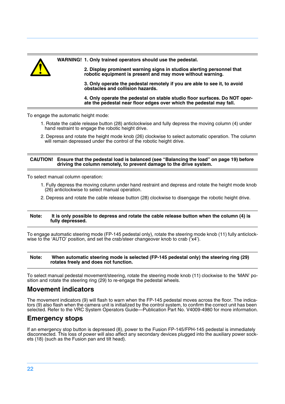 Movement indicators, Emergency stops | Vinten Radamec Fusion FP-145 User Manual | Page 23 / 30