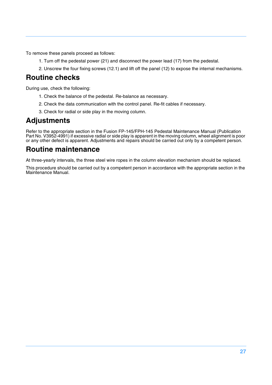 Routine checks, Adjustments, Routine maintenance | Vinten Radamec Fusion FP-145 User Manual | Page 28 / 30