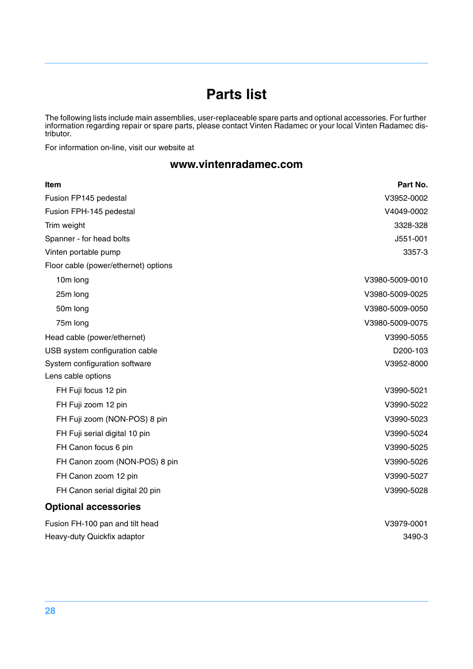 Parts list, Optional accessories | Vinten Radamec Fusion FP-145 User Manual | Page 29 / 30