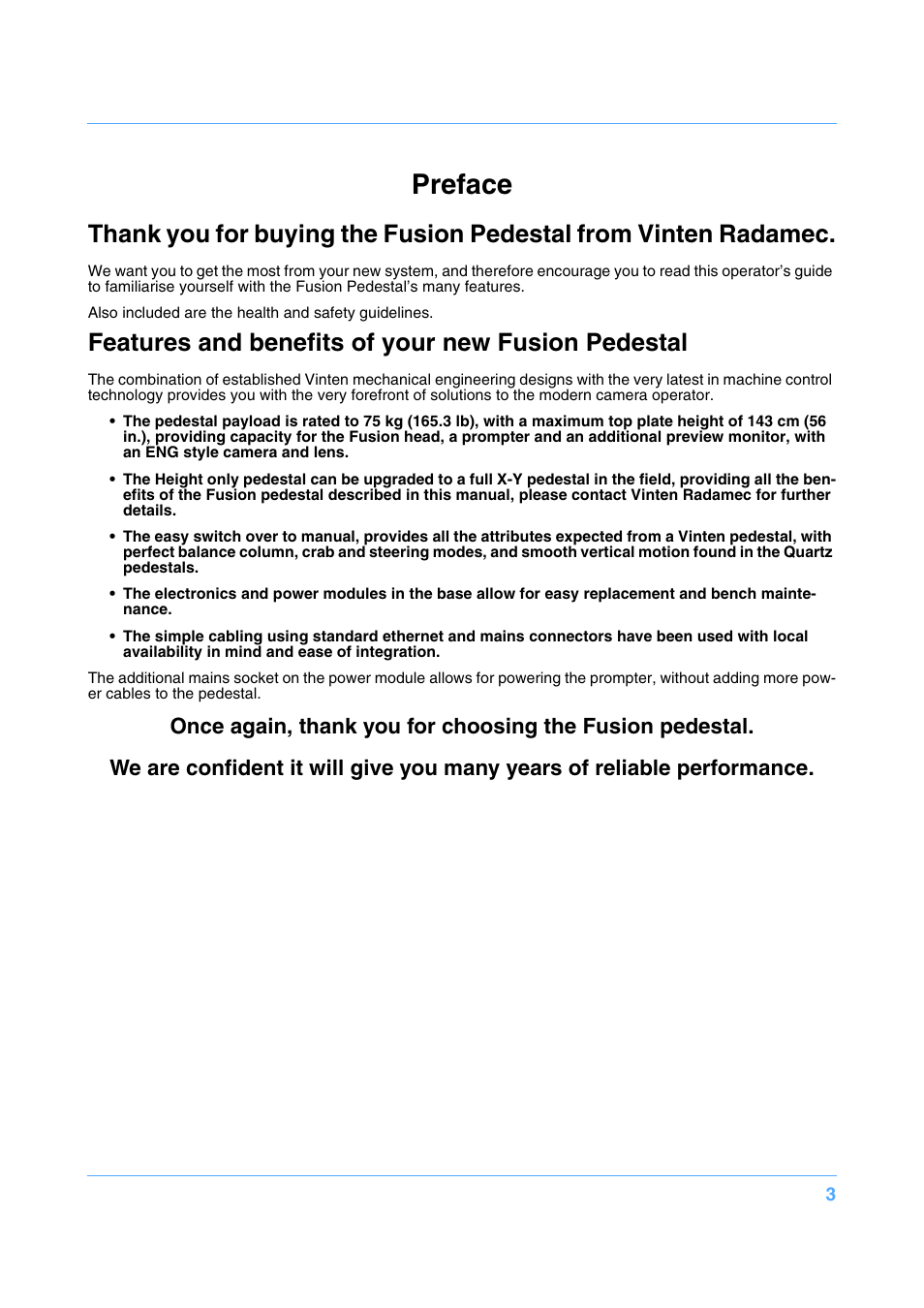 Preface, Features and benefits of your new fusion pedestal | Vinten Radamec Fusion FP-145 User Manual | Page 4 / 30