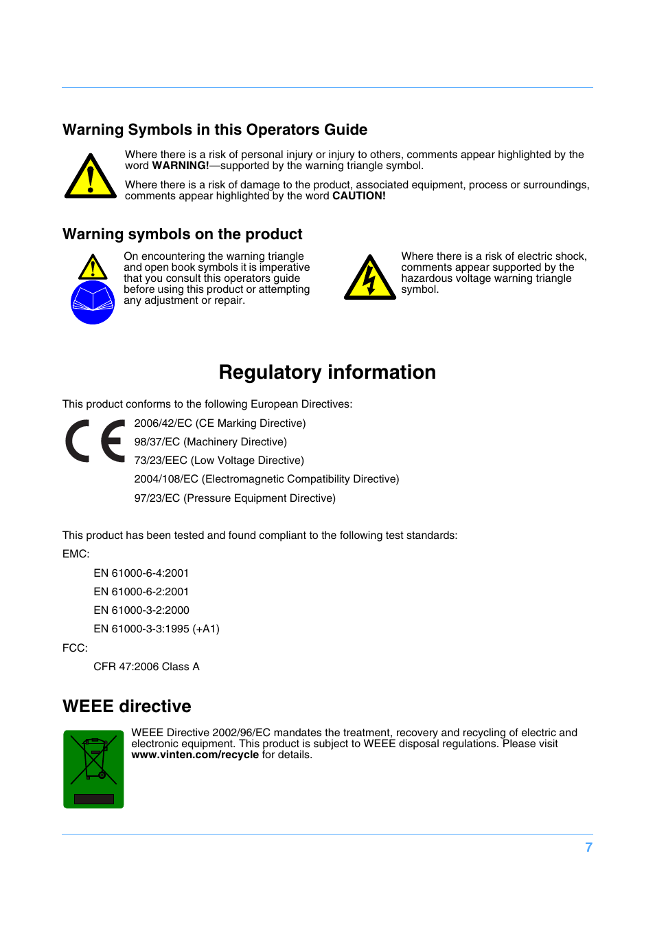 Regulatory information, Weee directive, Warning symbols in this operators guide | Warning symbols on the product | Vinten Radamec Fusion FP-145 User Manual | Page 8 / 30