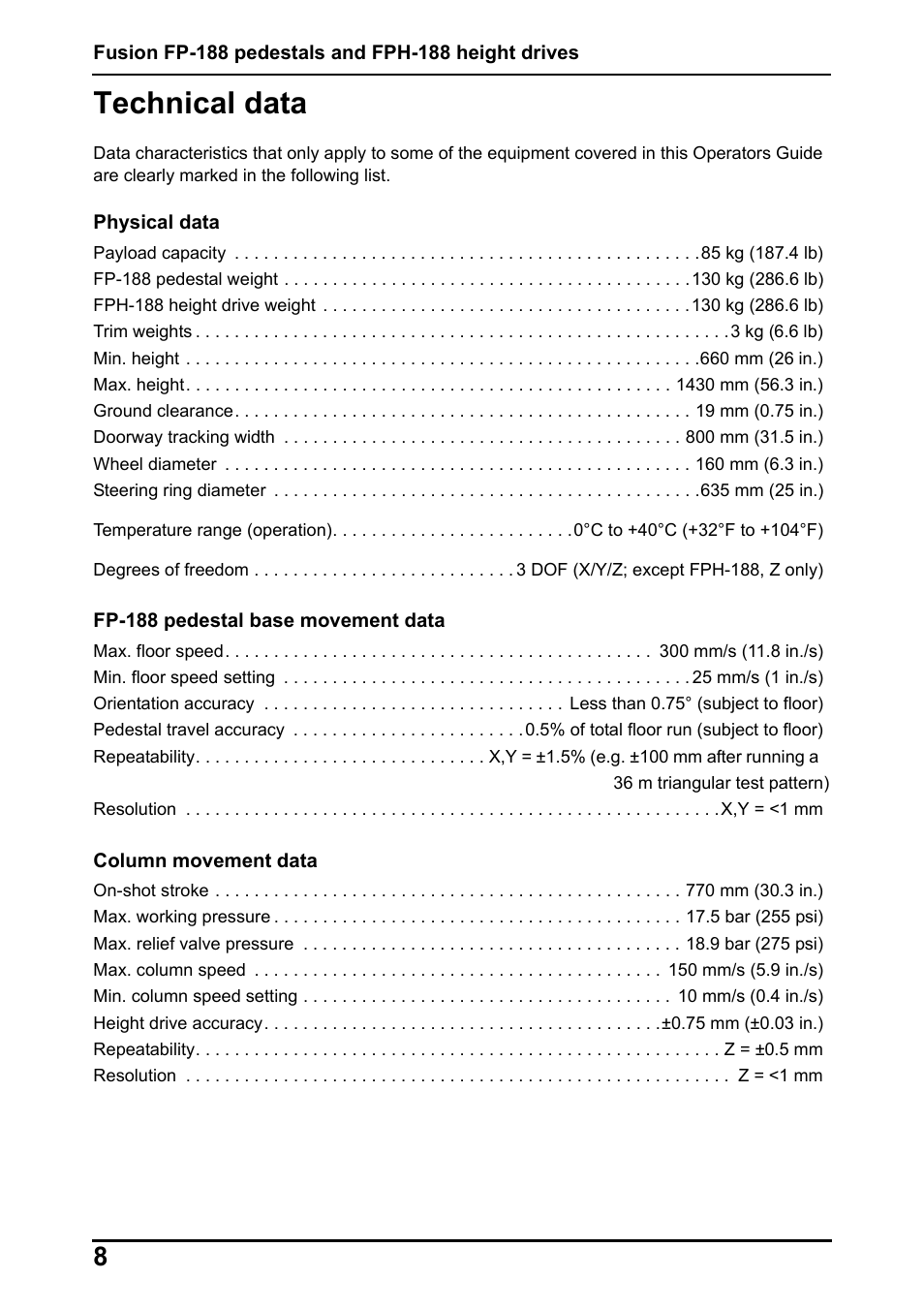 Technical data | Vinten Radamec Fusion FP-188 User Manual | Page 10 / 38
