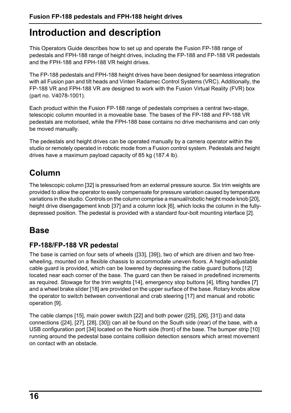 Introduction and description, Column, Base | Vinten Radamec Fusion FP-188 User Manual | Page 18 / 38